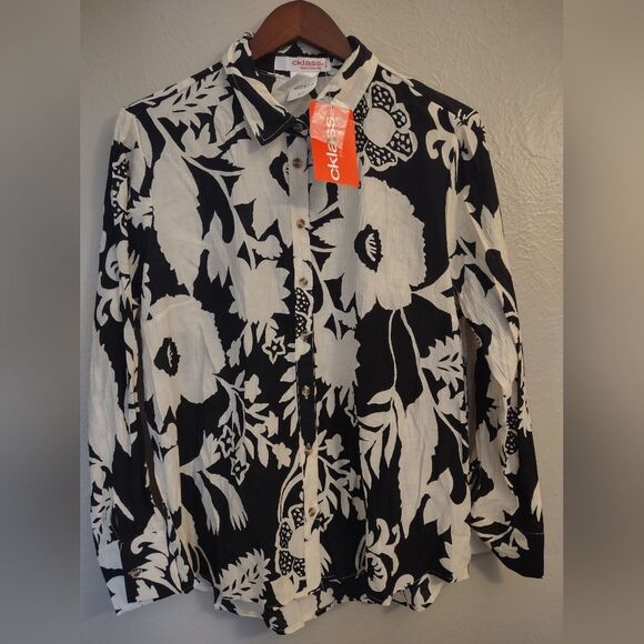 Cklass Fashionline Black Ivory Floral Long Sleeve Blouse Size Medium - Picture 5 of 13